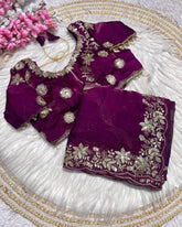 Designer Purple , Maroon & Wine Green Satin Silk Embroidery Work Saree With Blouse