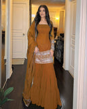 Designer Brown Soft Georgette Embroidery Work Gharara Suit With Dupatta