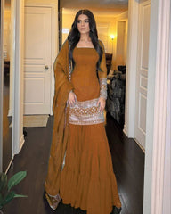 Designer Brown Soft Georgette Embroidery Work Gharara Suit With Dupatta