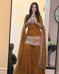 Designer Brown Soft Georgette Embroidery Work Gharara Suit With Dupatta