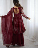 Designer Brown Silk Embroidery Work Sharara Suit With Dupatta