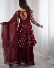 Designer Brown Silk Embroidery Work Sharara Suit With Dupatta