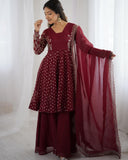Designer Brown Silk Embroidery Work Sharara Suit With Dupatta