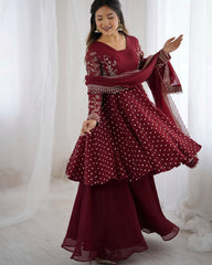 Designer Brown Silk Embroidery Work Sharara Suit With Dupatta