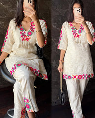 Designer Cream Cotton Embroidery Work Pant With Top
