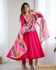 Designer Khadi Cotton Embroidery Work Anarkali Suit With Multi Dupatta