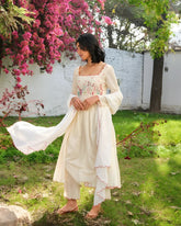 Designer Cream Cotton Embroidery Work Anarkali Suit With Dupatta