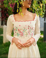 Designer Cream Cotton Embroidery Work Anarkali Suit With Dupatta