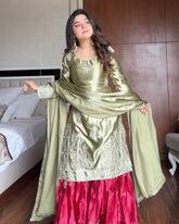 Designer Green-Red Silk Embroidery Work Gharara Suit With Dupatta