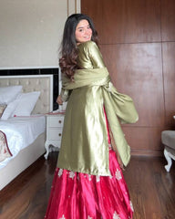 Designer Green-Red Silk Embroidery Work Gharara Suit With Dupatta