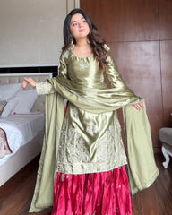 Designer Green-Red Silk Embroidery Work Gharara Suit With Dupatta