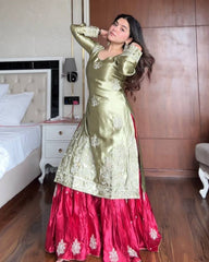Designer Green-Red Silk Embroidery Work Gharara Suit With Dupatta