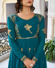 Designer Green And Rani Georgette Embroidery Work Anarkali Suit With Dupatta