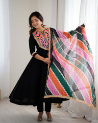 Designer Khadi Cotton Embroidery Work Anarkali Suit With Multi Dupatta