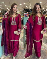 Designer Pink & Green Silk Embroidery Work Pant Suit With Dupatta