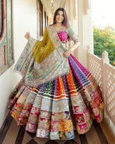 Navratri Special Multi Muslin Cotton Hand Work Lehenga Choli With Yellow Dupatta