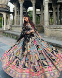 Navratri Special Black Muslin Cotton Multi Printed Lehenga Choli With Dupatta
