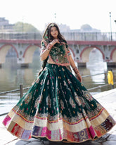 Navratri Special Dark Green Muslin Silk Multi Printed Lehenga Choli With Dupatta