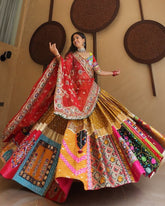 Navratri Special Mustard-Red Muslin Silk Multi Printed Lehenga Choli With Dupatta