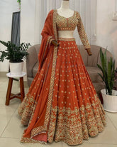 Designer Orange Faux Georgette Embroidery Work Lehenga Choli With Dupatta