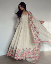 Designer White Chinon Silk Embroidery Work Anarkali Suit With Dupatta