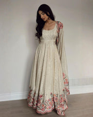 Designer White Chinon Silk Embroidery Work Anarkali Suit With Dupatta