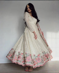 Designer White Chinon Silk Embroidery Work Anarkali Suit With Dupatta