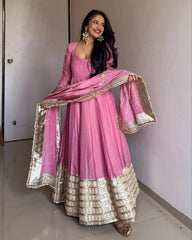 Designer Cream & Pink Chinon Silk Embroidery Work Anarkali Suit With Dupatta