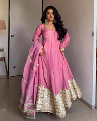Designer Cream & Pink Chinon Silk Embroidery Work Anarkali Suit With Dupatta