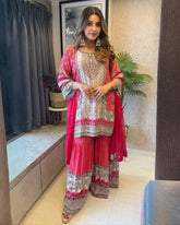 Designer Hot Pink Chinon Silk Mirror Work Gharara Suit With Dupatta
