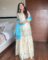 Designer Cream Chinon Silk Embroidery Work Gharara Suit With Sky Dupatta