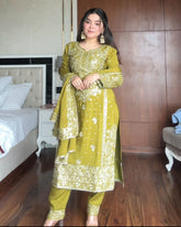 Designer Lime Yellow Chinon Silk Embroidery Work Pant Suit With Dupatta