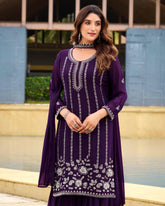 Designer Dark Purple Soft Georgette Embroidery Work Palazo Suit With Dupatta