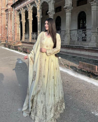 Designer Ivory Chinon Silk Embroidery Work Anarkali Gown With Dupatta