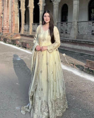 Designer Ivory Chinon Silk Embroidery Work Anarkali Gown With Dupatta