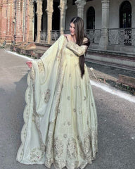 Designer Ivory Chinon Silk Embroidery Work Anarkali Gown With Dupatta