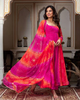 Designer Hot Pink Soft Georgette Bandhej Work Anarkali Suit With Dupatta