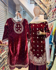 Exclusive Velvet Embroidery Work Palazo Suit With Crep Dupatta