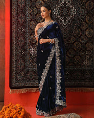 Exclusive Blue Premium Velvet Embroidery Saree With Blouse
