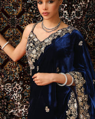 Exclusive Blue Premium Velvet Embroidery Saree With Blouse