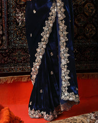 Exclusive Blue Premium Velvet Embroidery Saree With Blouse