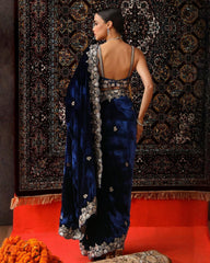 Exclusive Blue Premium Velvet Embroidery Saree With Blouse