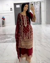 Exclusive Maroon Soft Georgette Embroidery Palazo Kurti With Dupatta