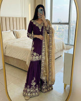 Exclusive Purple Chinon Silk Palazo Kurti With Dupatta
