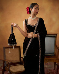 Exclusive Black Velvet Premium Velvet Embroidery Saree With Blouse