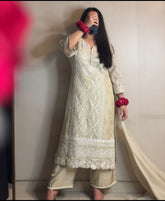 Exclusive Ivory Soft Georgette Embroidery Kurti Set With Dupatta