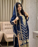 Exclusive Blue Soft Chinon Silk Palazo Kurti With Dupatta