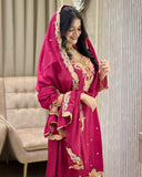 Exclusive Hot Pink Chinon Silk Palazo Kurti With Dupatta