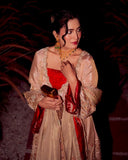 Exclusive Red Beige Tissue Silk Farshi Salwar Kurti With Dupatta