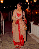 Exclusive Red Beige Tissue Silk Farshi Salwar Kurti With Dupatta